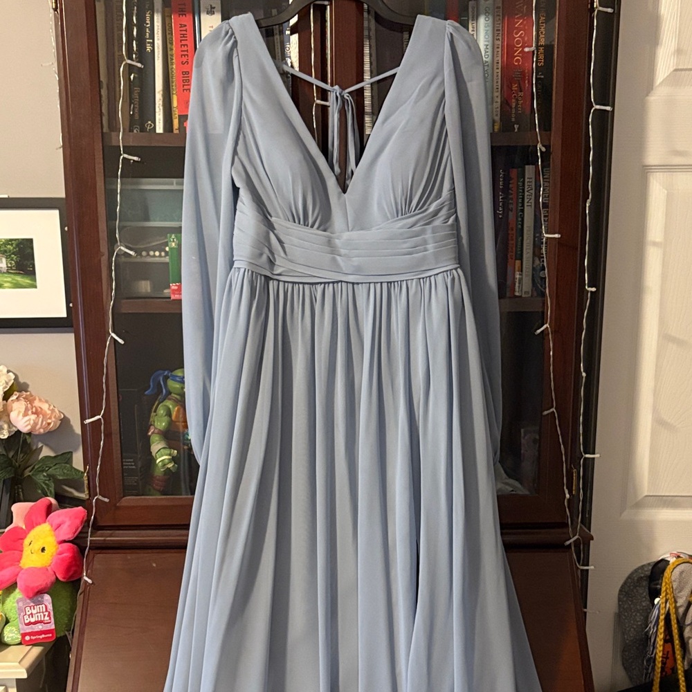Elegant Azazie Blue Long Sleeve Princess Wedding Bridesmaid Dress